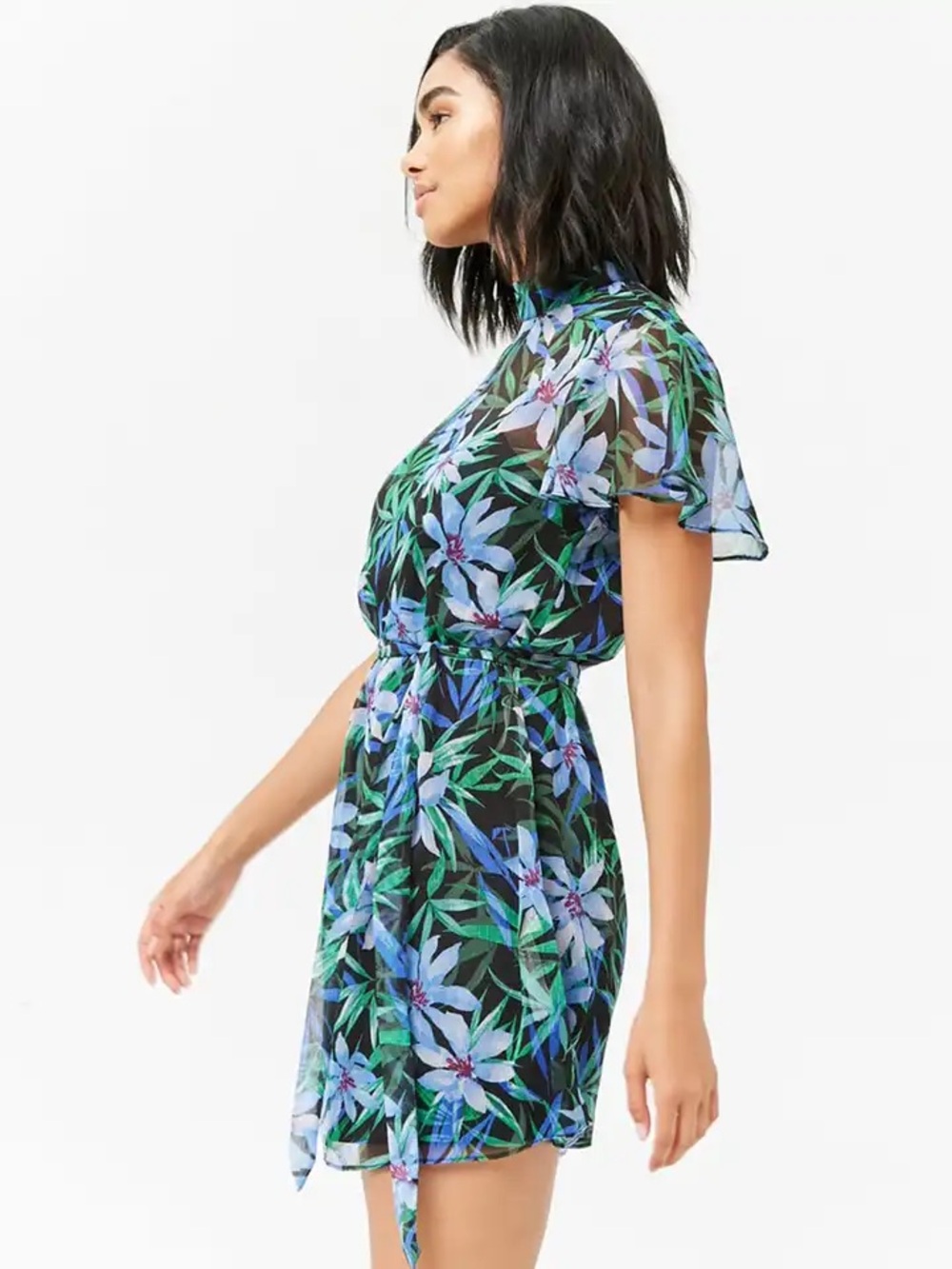 Forever 21 blue and green floral print semi-sheer A-line dress